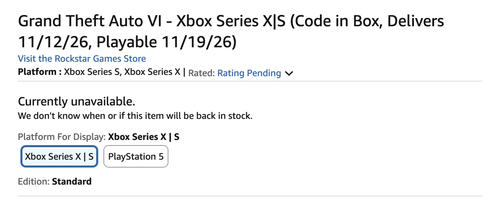 GTA 6 preorder not available screenshot from Amazon